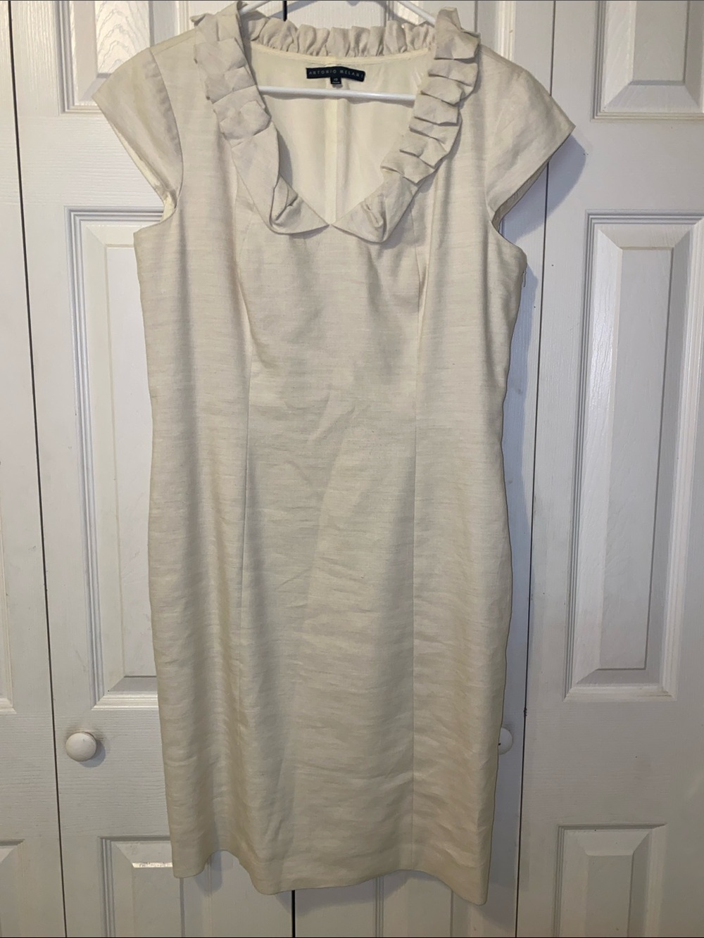 ANTONIO MELANI Off White Ruffle V-Neck Linen Blend Midi Dress